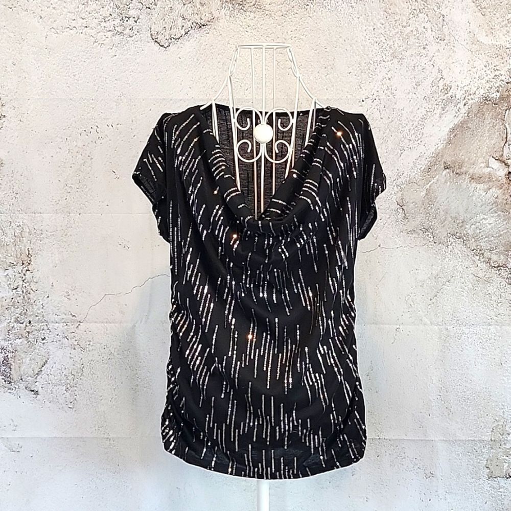 JKLA California black draped front blouse with sequins Women's Size L